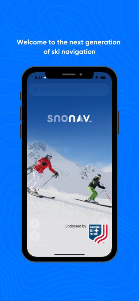 Snonav app, welcome screen in mobile mockup